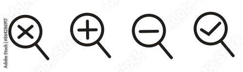 Magnifying glass icon set, explore icon set, zoom in zoom out icon set in trendy flat style illustration isolated on white background.