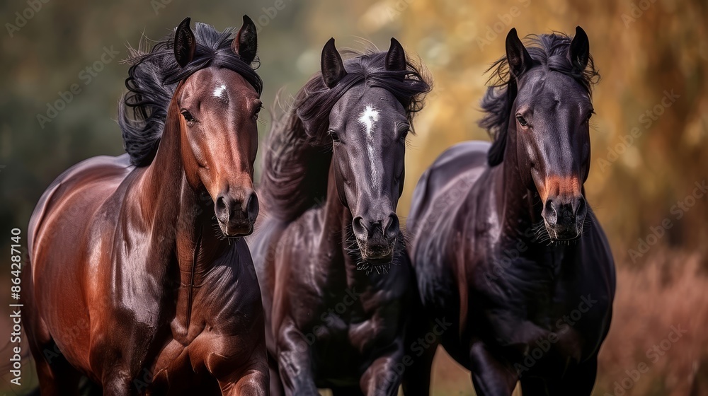 Close-up of three majestic brown and black horses galloping side by side, showcasing their powerful movement and glossy coats. Perfect for nature and wildlife themes Close-up of three majestic brown and black horses galloping side by side, showcasing their powerful movement and glossy coats. Perfect for nature and wildlife themes