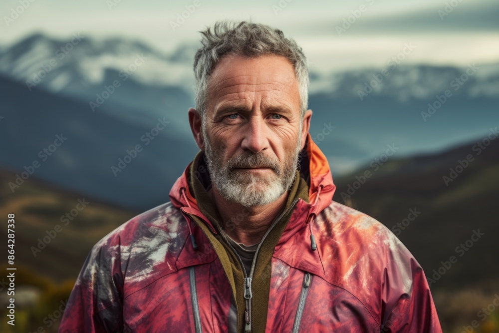 Portrait of a glad man in his 50s wearing a functional windbreaker while standing against backdrop of mountain peaks Portrait of a glad man in his 50s wearing a functional windbreaker while standing against backdrop of mountain peaks