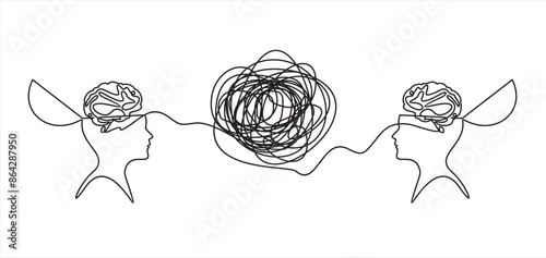 Two humans heads silhouette therapist and patient continuous one line symbol drawing. Mental health. Psychotherapy session concept. Doodle style vector illustration with editable stroke
