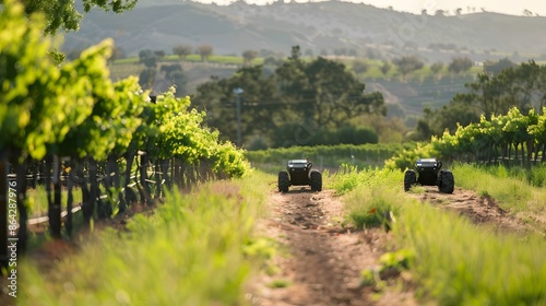 Automated tractors navigate through a lush vineyard, showcasing modern agricultural technology against a scenic hillside backdrop. photo