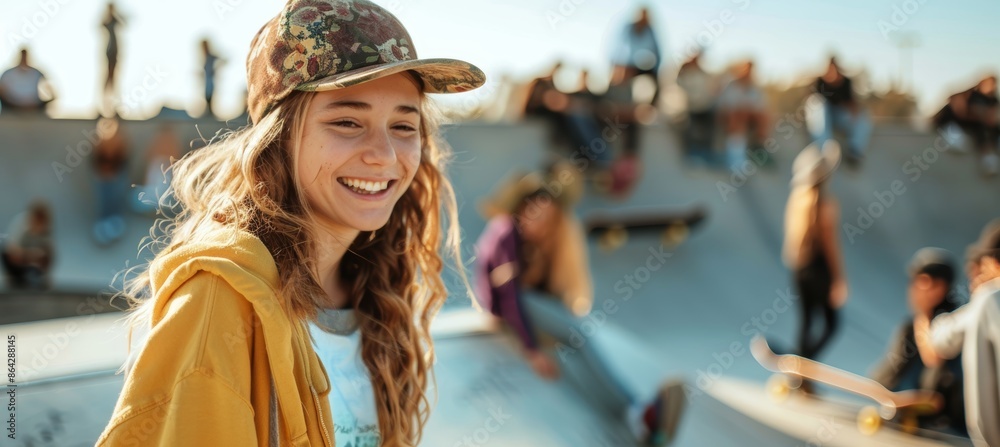 Female Skateboarder Celebrating Success with Supportive Crowd in Urban Skate Park