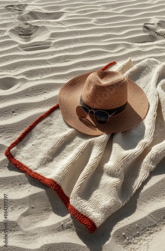 Straw Hat and Sunglasses on Beach Towel in Sand