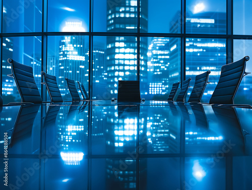 Modern office conference room night cityscape background sleek design glass walls corporate environment professional workspace urban business meeting space high-rise view

 photo