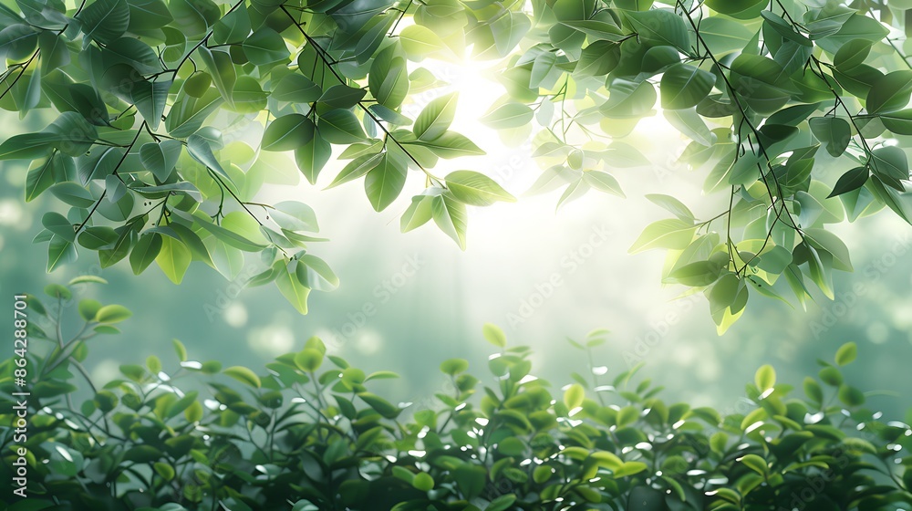Naklejka premium Lush green foliage with sunlight streaming through leaves, showcasing a vibrant and serene nature scene in the forest.