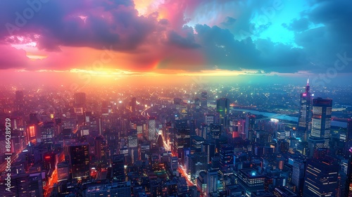 Stunning aerial view of a vibrant cityscape at dusk with colorful sky, showcasing urban architecture, skyscrapers, and illuminated streets.