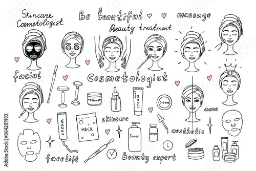 Set of women's faces and cosmetic procedures in doodle style. Cosmetology, beauty expert. Skin care, facelift, aesthetics, beauty treatments, acne, facial, cream,  serum, mask, moisturizer, toner.