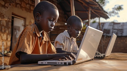 Two African primary school children Residents of rural areas and rural schools Elementary school children studying online using laptop computers for education.