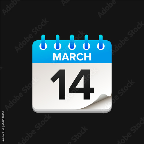 Calendar vector illustration on black background showing date of 14 march