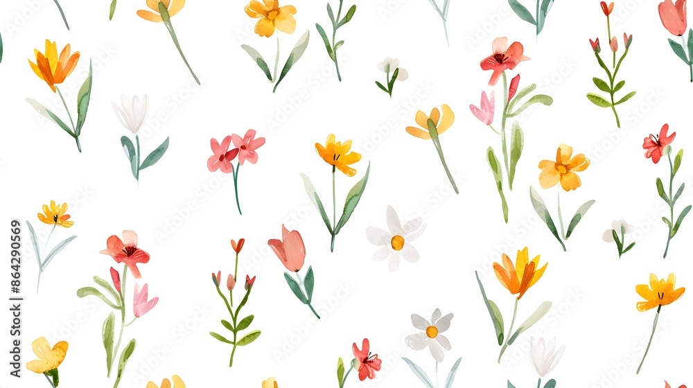 Fototapeta premium Beautiful Vibrant Floral Pattern with Colorful Springtime Flowers and Foliage