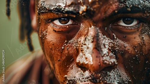 Intense Close-Up of a Determined Football Player's Muddy and Sweat-Covered Face