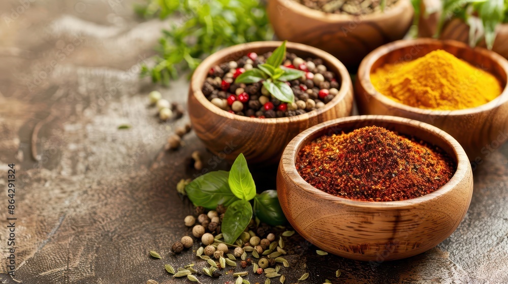 colorful spices and herbs in wooden bowls aromatic cooking ingredients colorful spices and herbs in wooden bowls aromatic cooking ingredients