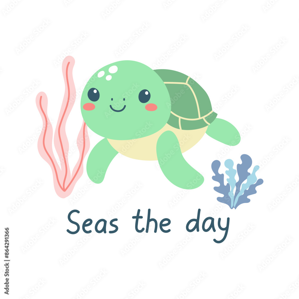 Hand drawn cute turtle and text Seas the day. Marine life animals. Template for print, greeting card and invitation. Isolated vector illustration. Hand drawn cute turtle and text Seas the day. Marine life animals. Template for print, greeting card and invitation. Isolated vector illustration.