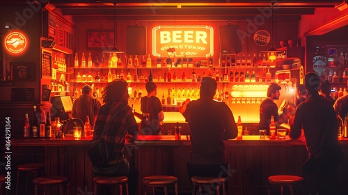A futuristic bar with holographic beer taps and digital menus