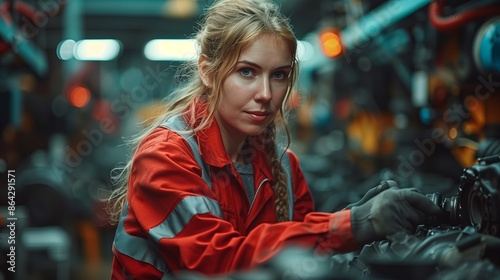 Auto mechanic a woman in a work suit repairing a car in a car repair shop, demonstrating skilled manual labour