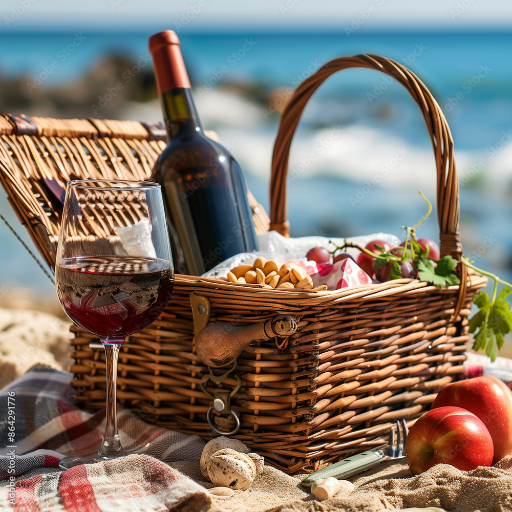 Serene Beach Picnic with Wicker Basket, Fresh Food, and Wine | Relaxing Summer Getaway Concept Serene Beach Picnic with Wicker Basket, Fresh Food, and Wine | Relaxing Summer Getaway Concept