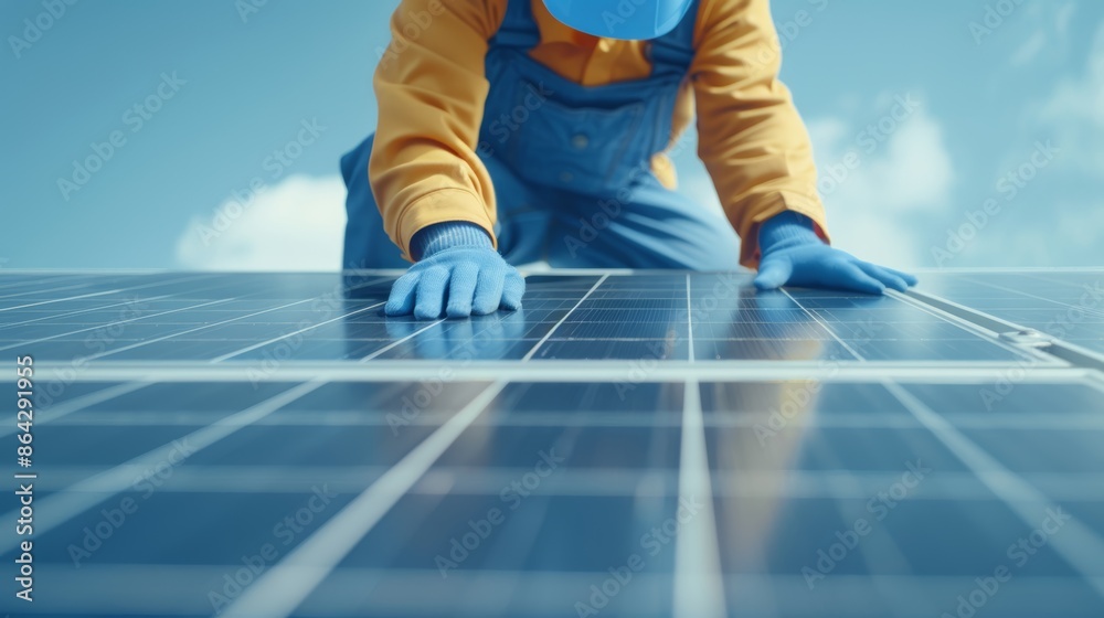 Technician securing solar panels on a roof, showcasing the process of green energy generation, renewable energy installation, eco-friendly power solutions, and sustainable living practices Technician securing solar panels on a roof, showcasing the process of green energy generation, renewable energy installation, eco-friendly power solutions, and sustainable living practices
