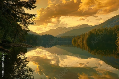 serene lakeside vista mirrorlike water reflection distant mountains lush evergreen forest golden sunset sky