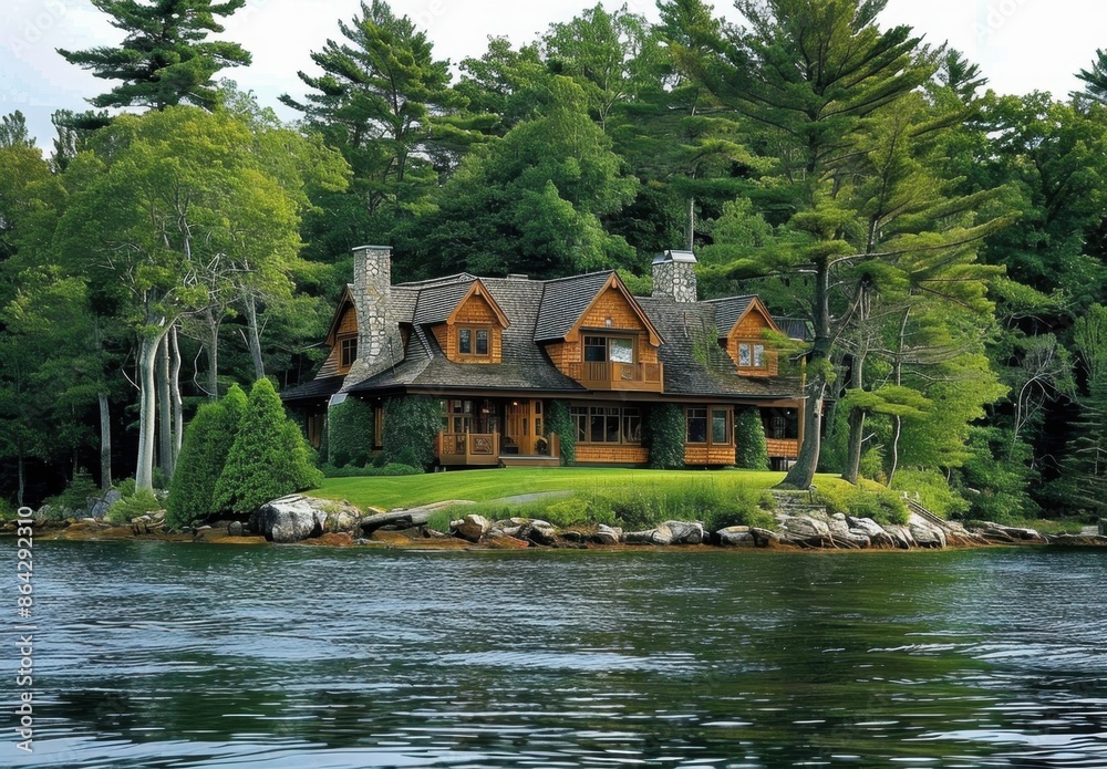 Obraz premium A beautiful house on an island in a lake in Maine, built right into a small grassy island with trees and water surrounding it Generative AI