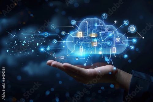 A person is holding a cloud with many icon. Cloud Database technology concept