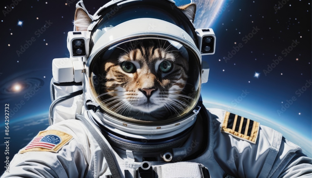 An astronaut cat in a white suit on a rocky planet with a starry sky and a nebula in the background. An astronaut cat in a white suit on a rocky planet with a starry sky and a nebula in the background.