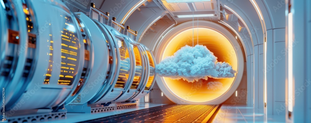 A futuristic data center with advanced servers and a glowing cloud storage symbol, representing cutting-edge technology and cloud computing. A futuristic data center with advanced servers and a glowing cloud storage symbol, representing cutting-edge technology and cloud computing.