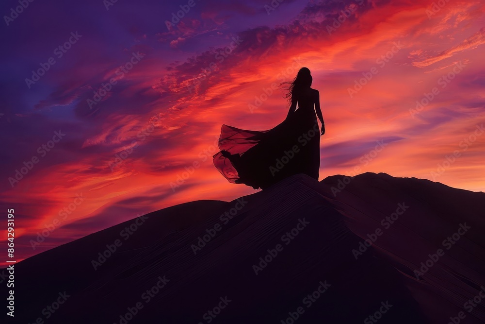 silhouette of a woman in a flowing dress standing atop a sand dune framed by a sunset sky transitioning from fiery orange to deep purple silhouette of a woman in a flowing dress standing atop a sand dune framed by a sunset sky transitioning from fiery orange to deep purple