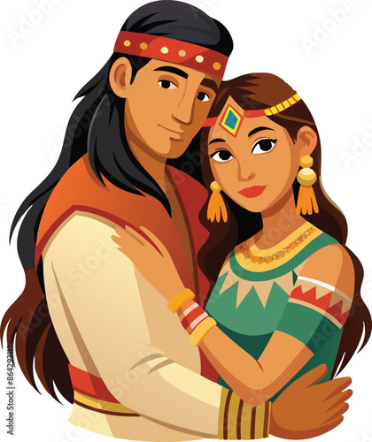 Young native american couple embracing, wearing traditional clothing