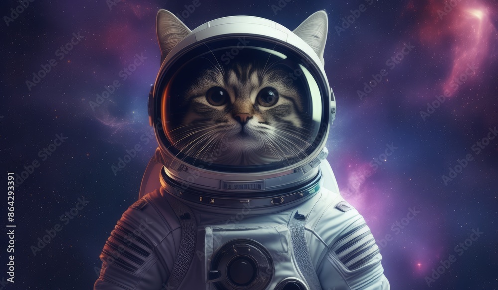 An astronaut cat in a white suit on a rocky planet with a starry sky and a nebula in the background. An astronaut cat in a white suit on a rocky planet with a starry sky and a nebula in the background.
