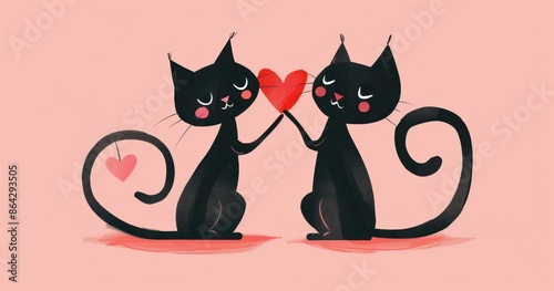 Lovefilled black cats holding heart on sweet pink background with romantic hearts for valentine's day celebration photo
