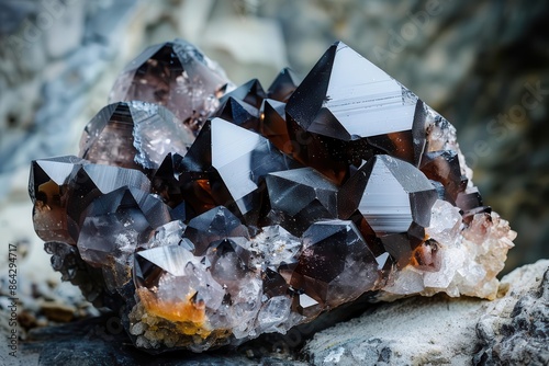 stunning crystal cluster featuring manganese manganite quartz and calcite formations rich earthy tones with sparkling facets catch the light displayed on rough rock surface with space for text photo