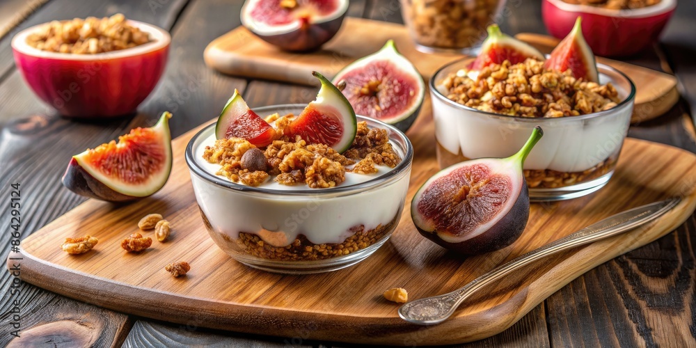 Bowls of granola topped with fresh figs and honey. Bowls of granola topped with fresh figs and honey.