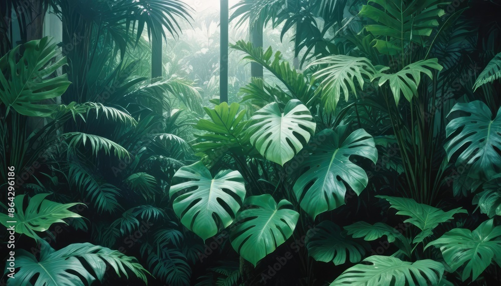 Fototapeta premium Lush green tropical plants bush (monstera, palm, rubber plant, pine and fern), background, pattern