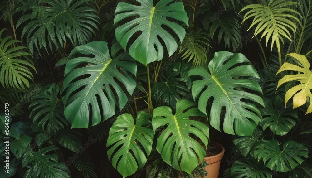 Fototapeta premium Lush green tropical plants bush (monstera, palm, rubber plant, pine and fern), background, pattern