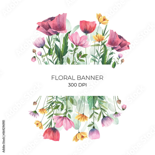 Floral banner design with wild flowers and herbs. Hand painted watercolor blooming flowers, green leaves framing the copy space. Floral arrangement for greeting card design, invitation
