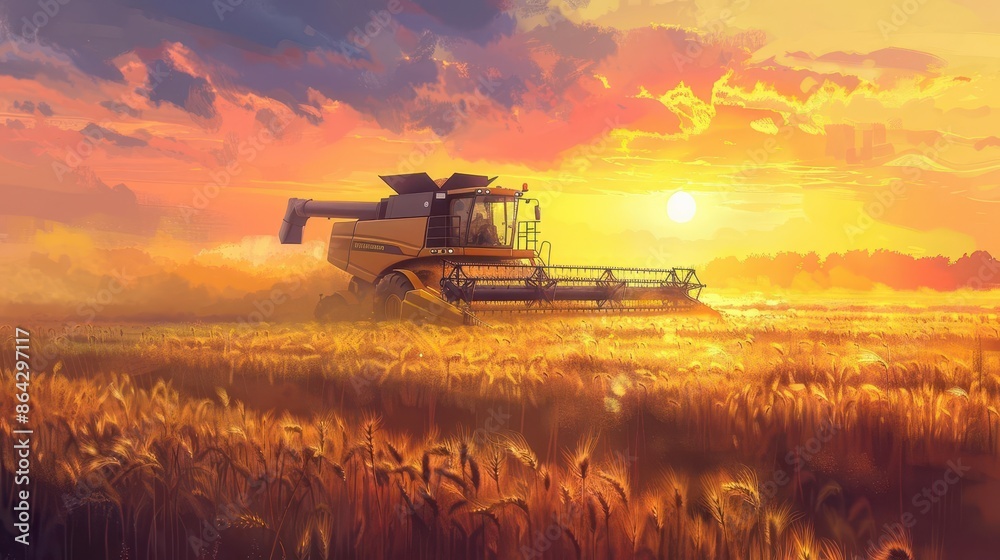 Fototapeta premium efficient agricultural automation advanced combine harvester working in golden wheat field at sunset digital painting
