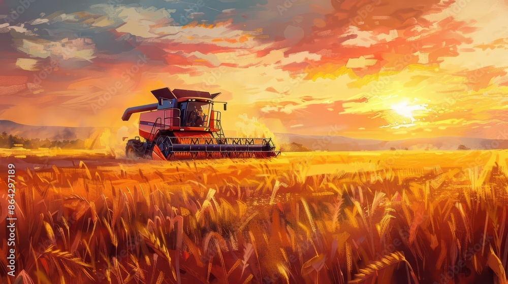 Fototapeta premium efficient agricultural automation advanced combine harvester working in golden wheat field at sunset digital painting