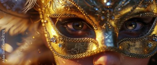 Closeup of a Womans Eye Covered by a Glittering Golden Mask at a Festive Event