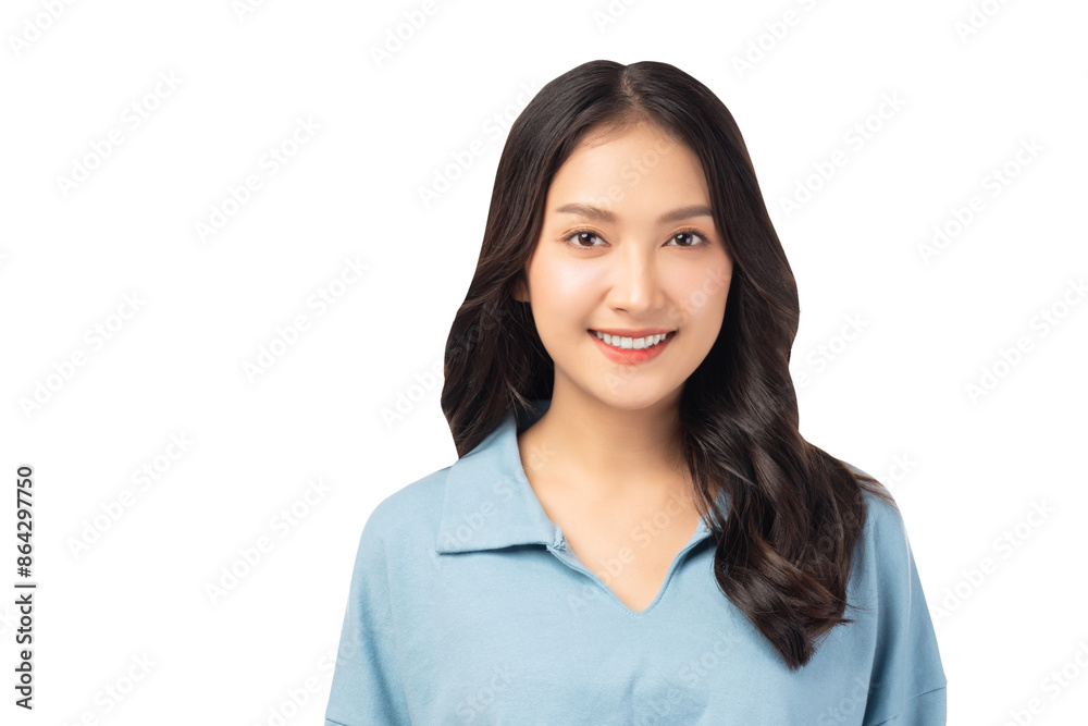 Portrait of a smiling young Asian woman with long hair, wearing a casual blue top, exuding confidence and warmth. Portrait of a smiling young Asian woman with long hair, wearing a casual blue top, exuding confidence and warmth.