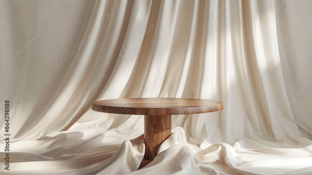 elegant round wooden side table on flowing white fabric luxury product display podium soft drapery background 3d illustration elegant round wooden side table on flowing white fabric luxury product display podium soft drapery background 3d illustration