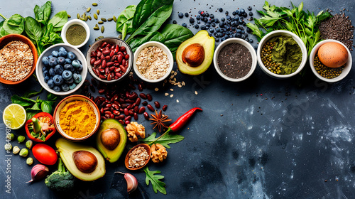 A variety of fresh, healthy ingredients arranged on a dark background. There is a mix of fruits, vegetables, nuts, and grains. Concept of healthy eating and nutrition with copy space