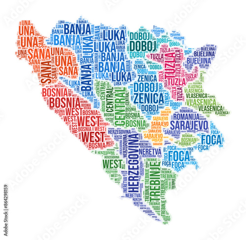 Bosnia and Herzegovina region word cloud. Country shape design. Bosnia and Herzegovina colored illustration. Region names collage cloud. Vector illustration.