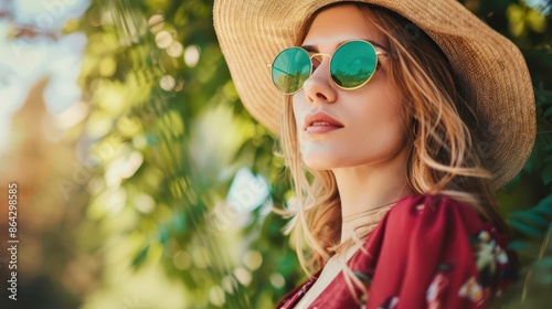 elegante mujer rubia vintage con sombrero y gafas de sol verdes posando al aire libre retrato de moda photo