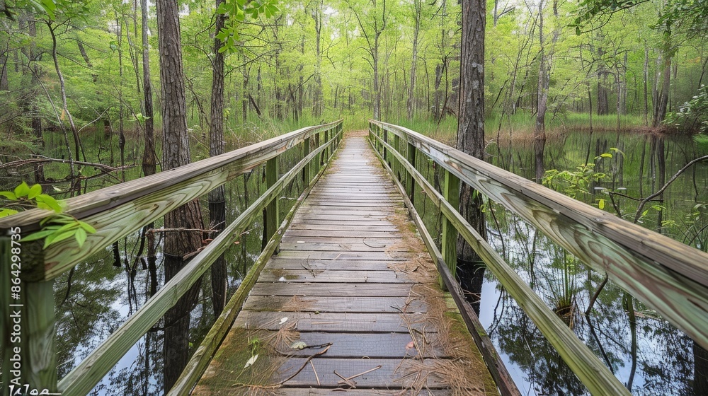 Long wooden boardwalk leading through a marshy nature preserve