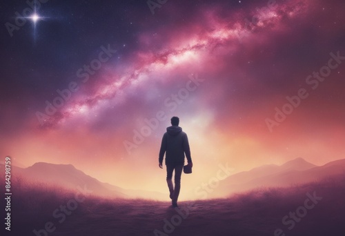 Silhouette of a person walking towards a vibrant galaxy with mountains in the distance, evoking a sense of wonder, exploration, and adventure.