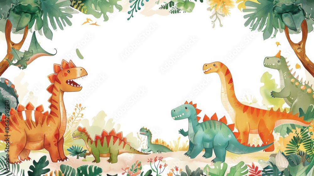 Naklejka premium A group of dinosaur toys are scattered around a white background