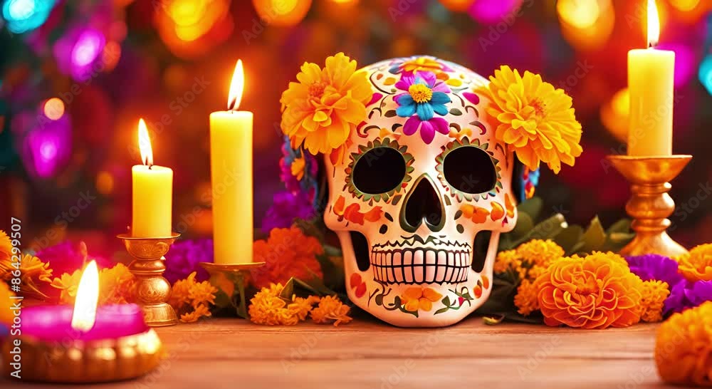 Dia de los Muertos themed video background with a beautifully decorated sugar skull, marigold flowers, and gentle candlelight for celebrating traditional Mexican holiday. Cinco de mayo visuals Dia de los Muertos themed video background with a beautifully decorated sugar skull, marigold flowers, and gentle candlelight for celebrating traditional Mexican holiday. Cinco de mayo visuals