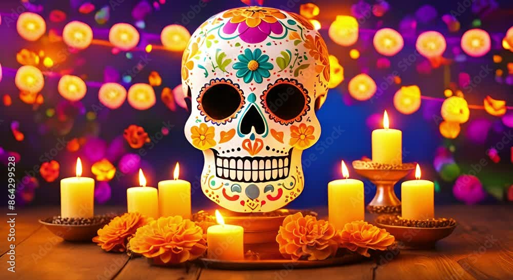 Festive Day of the dead background with skull mask, flowers and candles. Dia de los Muertos video background with sugar skull, marigold flowers, and soft candlelight. Cinco de mayo