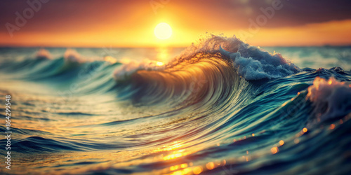 The sunset casts a golden glow on the majestic ocean waves as they curve upwards to create a stunning seascape. The bright colors of the setting sun are reflected on the surface of the water.AI genera