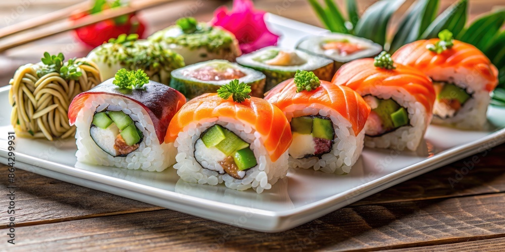 Assorted sushi rolls with fresh ingredients.